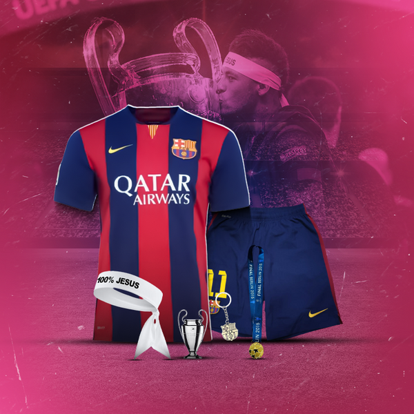 Kit Infantil Neymar Barcelona 14/15 Faixa 100% Jesus - Medalha Champions League - Chaveiro - Mini Trófeu - Neymar 11 - Combo para Crianças