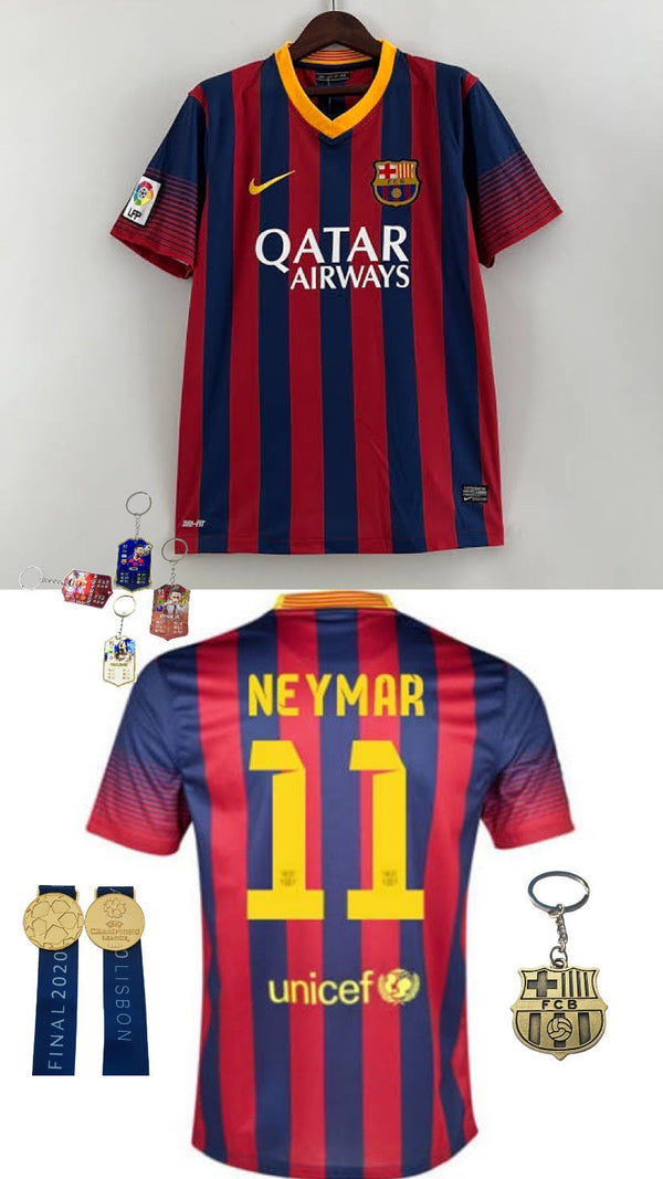 Kit "First Day" Neymar 11 FC Barcelona 2013-14 Home - Medalha Champions Chaveiro UT Chaveiro Barcelona Camisa personalizada