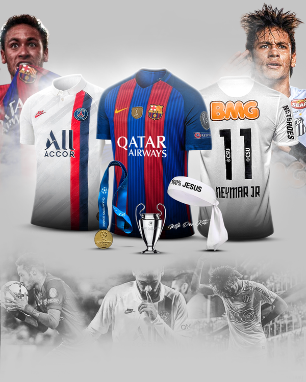Kit "Clubes" Neymar Jr FC Barcelona - Santos - Psg - Medalha Champions - Faixa 100% Jesus - Mini taça